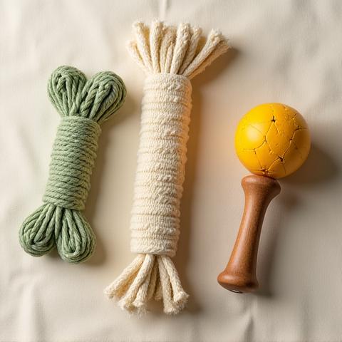 Assortment of biodegradable dog toys: a natural rubber chew toy, an organic cotton rope, and a sustainable wood puzzle toy.